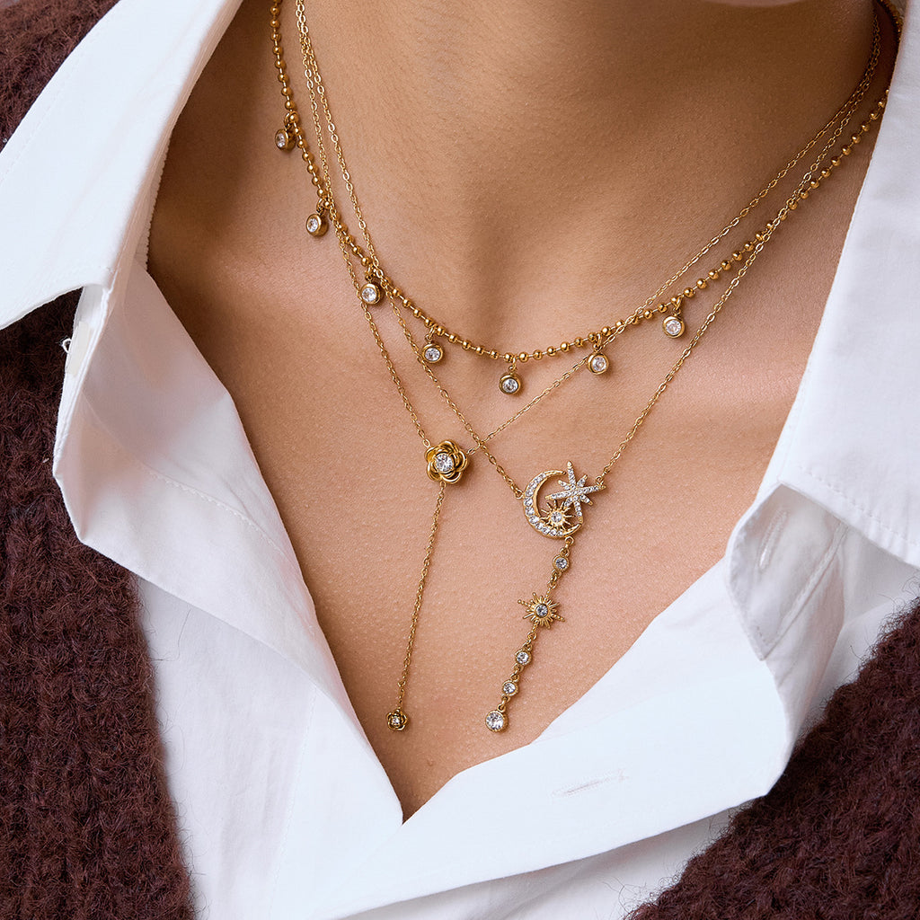 Damen Halskette mit funkelnder Mond- und Sternenverzierung Shop Nory
