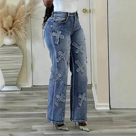 Damen Hochtaillierte Straight‑Leg‑Jeans mit Fransen‑Kreuz‑Applikationen Shop Nory