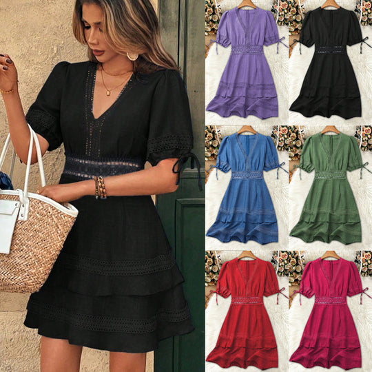 Damen Tailliertes Sommerkleid mit V-Ausschnitt und Häkelspitze Shop Nory