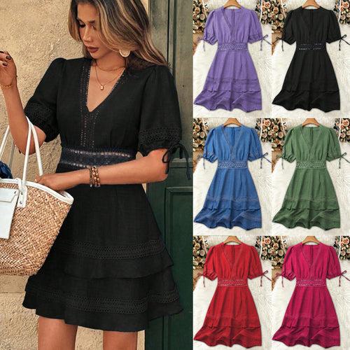 Damen Tailliertes Sommerkleid mit V-Ausschnitt und Häkelspitze Shop Nory
