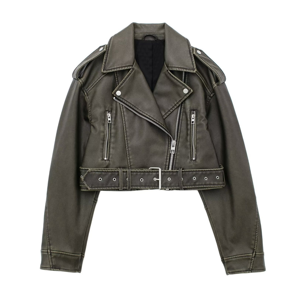 Damen Lederjacke mit Reißverschluss und GürtelDetails