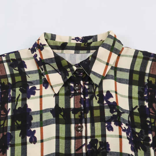 Damen Hemdblusenkleid mit Karomuster und Blumenprint samt taillierendem Gürtel Shop Nory