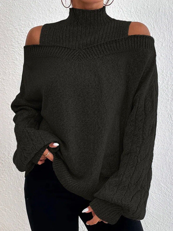Damen nan schulterfreier Strickpullover mit Stehkragen und Zopfmusterärmeln Shop Nory