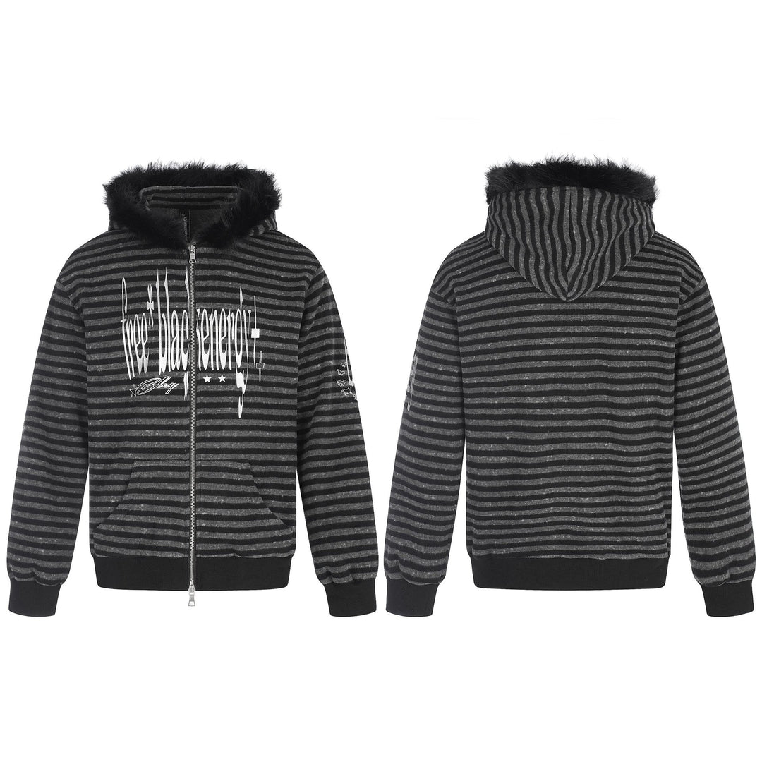 Unisex Kapuzenzipjacke mit Kunstfellbesatz, Streifenmuster und Frontprint Shop Nory