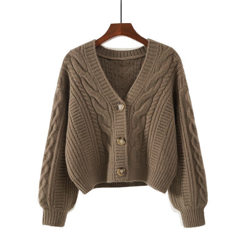 Damen Strickjacke mit ausgefallenem Zopfmuster und tiefem V-Ausschnitt