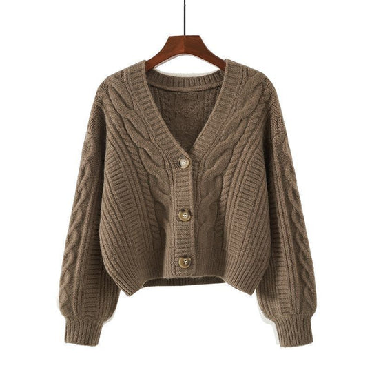 Damen Strickjacke mit ausgefallenem Zopfmuster und tiefem V-Ausschnitt