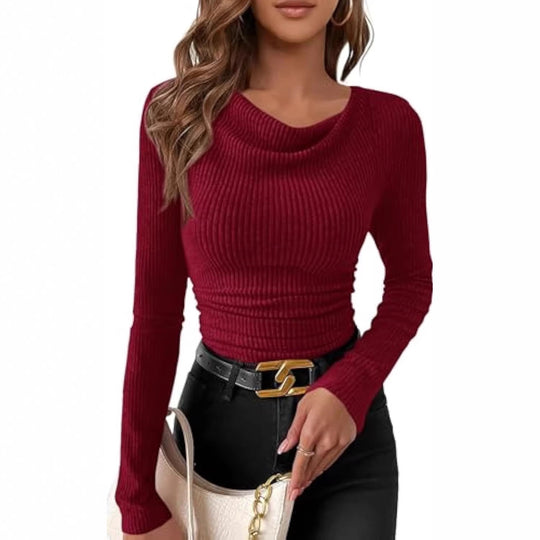 Damen Figurbetontes Feinripp-Longsleeve mit asymmetrischem Wasserfallkragen Shop Nory