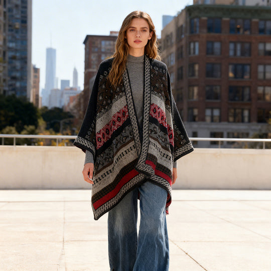 Damen Strickcape im Paisley‑Jacquard mit asymmetrischem Saum Shop Nory