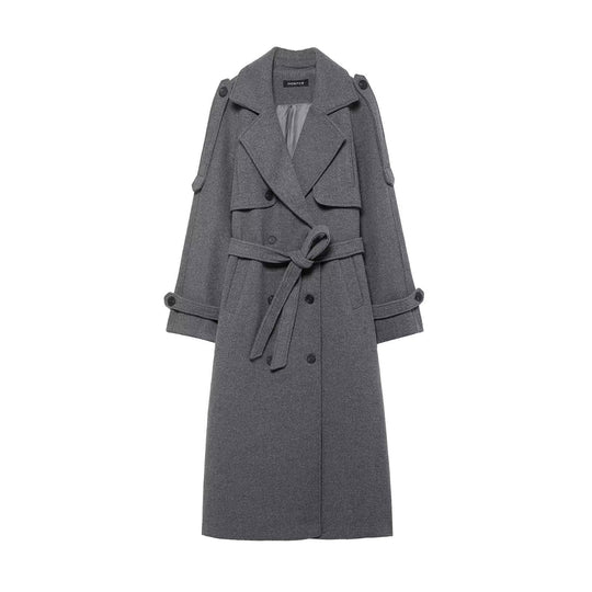 Damen Langer doppeltreihiger Wollmantel mit Taillengürtel und Schulterklappen Shop Nory