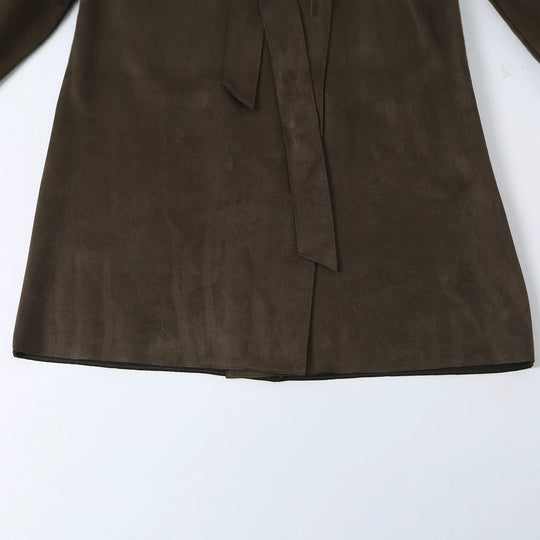 Damen Lang geschnittener Trenchcoat aus Velourslederoptik mit Bindegürtel Shop Nory