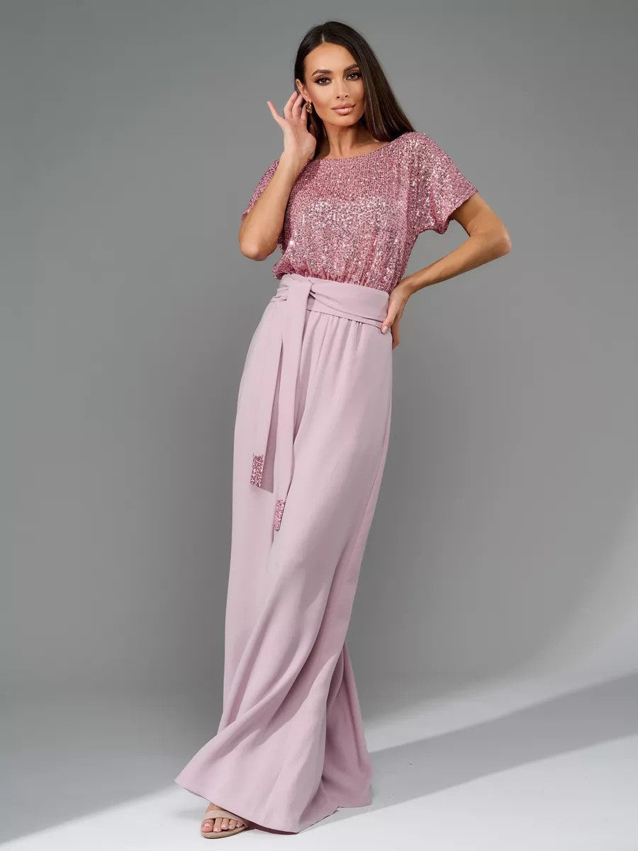 Damen Glitzernder Jumpsuit mit weitem Bein und Taillengürtel