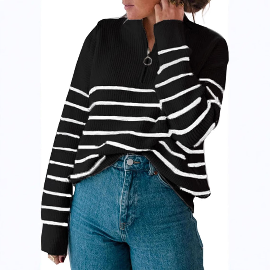 Damen lässiger Pullover mit kurzem Reißverschluss und Streifenmuster