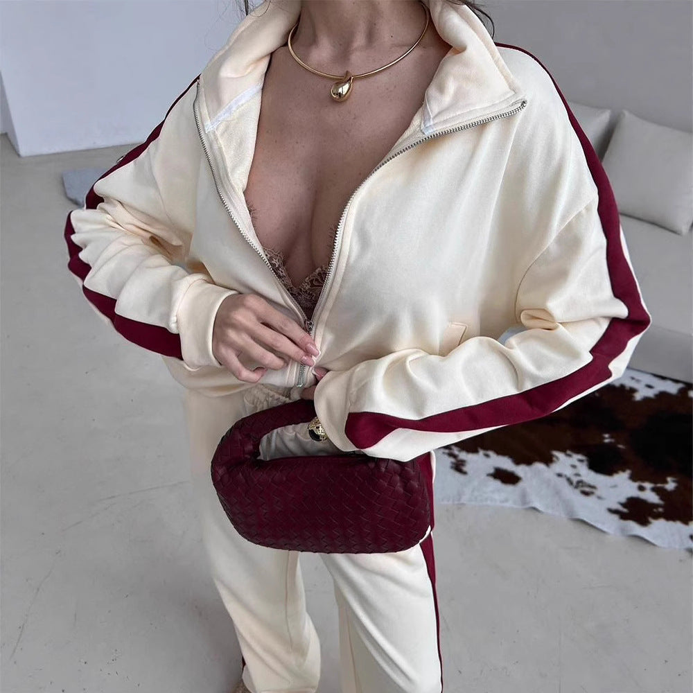 Damen Velours-Loungewear-Set mit Stehkragen, Zip-Jacke und weitem Palazzo-Hosenbein Shop Nory