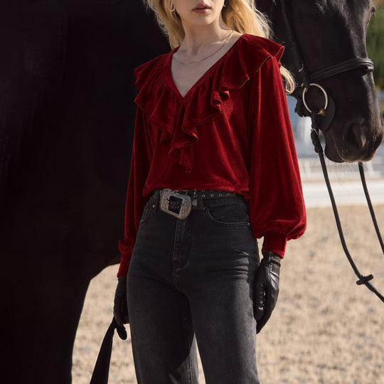 Damen schimmernde V-Neck Rüschenbluse mit Ballonärmeln und elastischen Bündchen Shop Nory