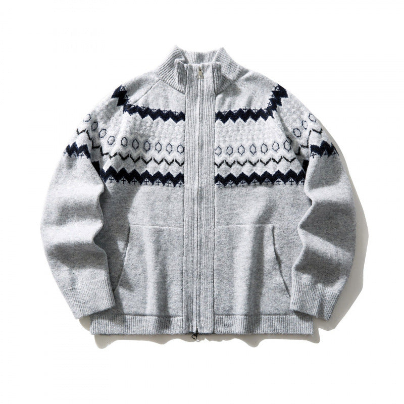 Unisex Norweger-Strickjacke mit durchgehendem Reißverschluss, Stehkragen und Eingrifftaschen Shop Nory