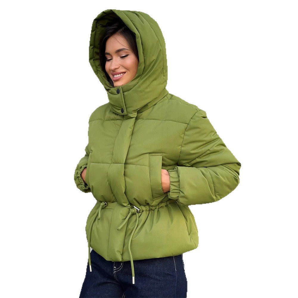 Damen Kurz geschnittene wattierte Kapuzenjacke mit Taillenzug und hohem Stehkragen Shop Nory
