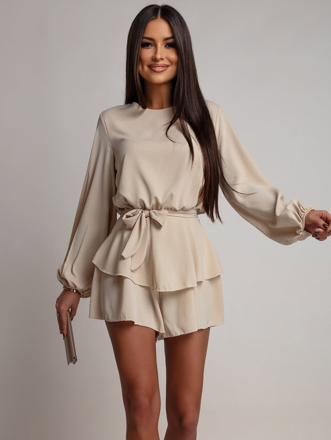 Damen Kurzkleid mit Volantrock, Taillenbindegürtel und Ballonärmeln Shop Nory
