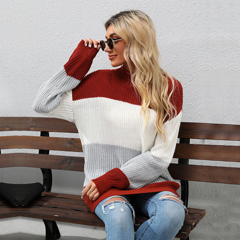 Damen Strickpullover mit Blockstreifen und Stehkragen Shop Nory