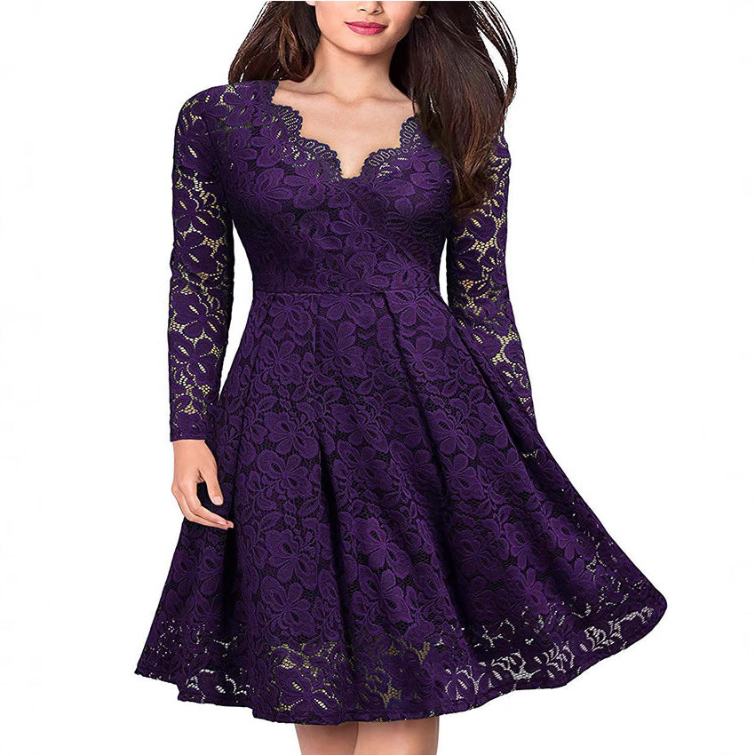 Damen tailliertes A-Linien-Spitzenkleid mit Tellerrock