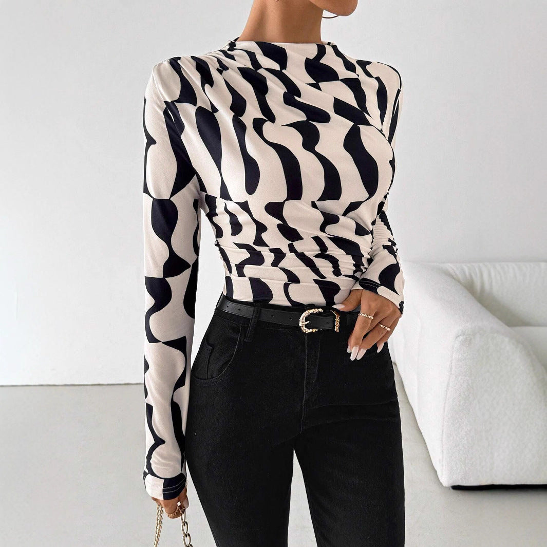 Damen nan tailliertes Langarmshirt mit seitlicher Raffung und Wasserfallausschnitt