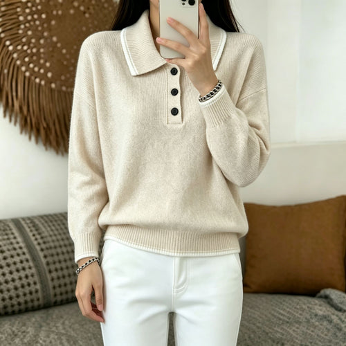 Damen Polokragen‑Strickpullover mit Knopfleiste und gerippten Bündchen Shop Nory