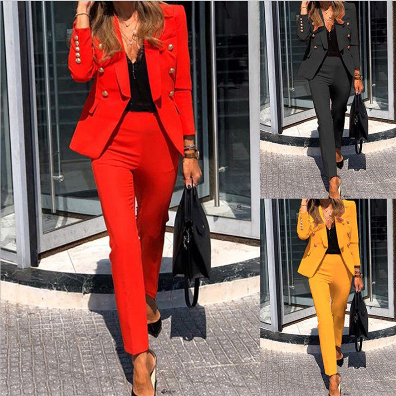 Damen taillierter Hosenanzug mit doppelreihigem Knopfblazer und schlanker Anzughose Shop Nory