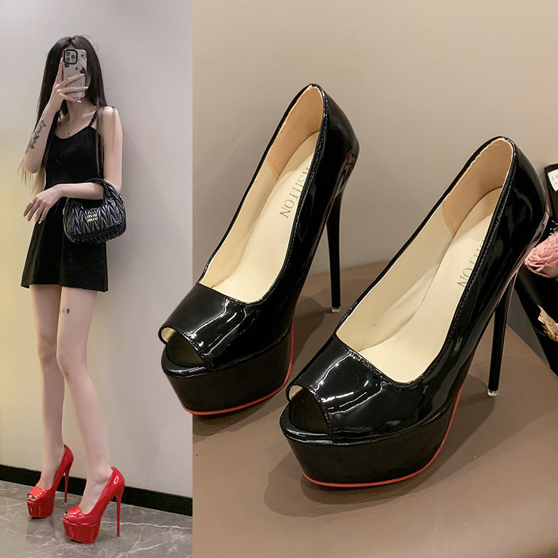 Damen Offene Zehen Plateau‑Stiletto mit hohem Absatz und Lackfinish Shop Nory