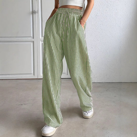 Damen Marlene-Streifenhose aus Leinenmix mit weitem Bein, Elastikbund und Kordelzug Shop Nory