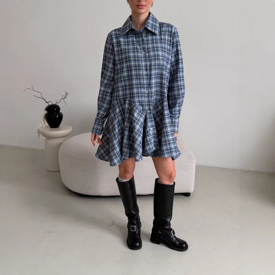 Damen Kariertes Hemdblusen-Minikleid mit ausgestellter Volant-Taille Shop Nory