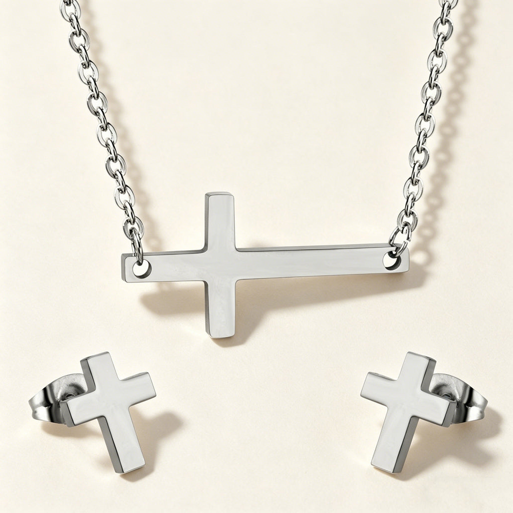 Damen Edelstahl Kreuz Schmuckset mit eleganter Halskette und passenden Ohrsteckern Shop Nory