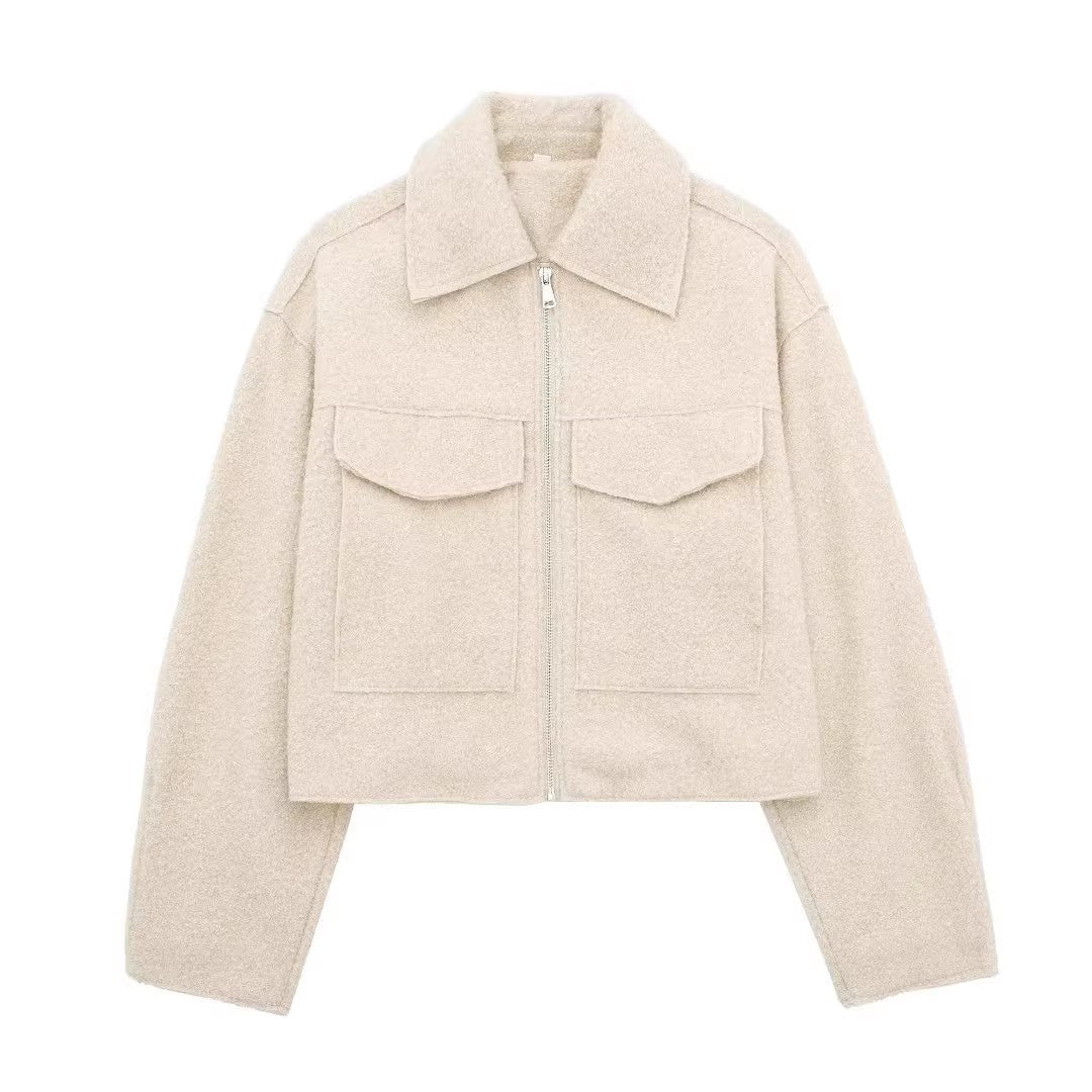 Damen Kurzgeschnittene Sherpa-Jacke mit Reißverschluss und aufgesetzten Pattentaschen Shop Nory