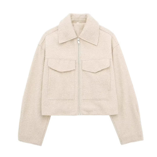 Damen Kurzgeschnittene Sherpa-Jacke mit Reißverschluss und aufgesetzten Pattentaschen Shop Nory