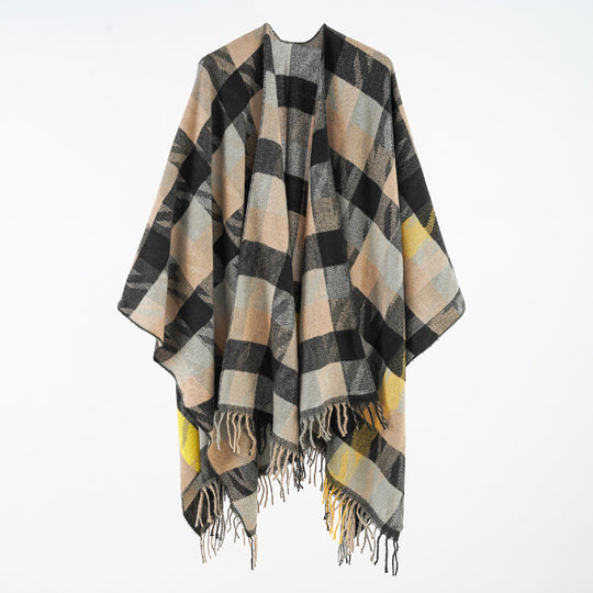 Damen Oversize-Plaidponcho mit Fransen und gewebtem Karomuster Shop Nory