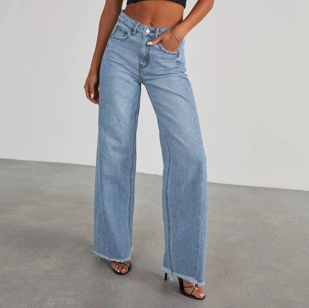 Damen Hochbund-Jeans mit weitem Bein und ausgefranstem Saum Shop Nory