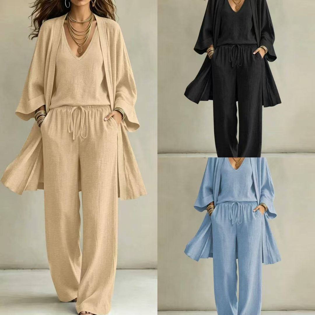 Damen Lässiges Lounge-Set mit Kimono-Cardigan, V‑Ausschnitt-Shirt und weiter Kordelhose Shop Nory