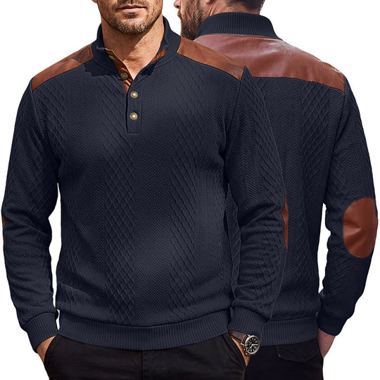 Herren Pullover mit Stehkragen, Zopfmuster und kontrastierenden Lederbesätzen Shop Nory