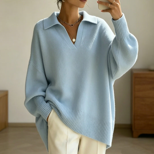 Damen Oversize-Polokragen V-Ausschnitt Strickpullover mit Ballonärmeln Shop Nory