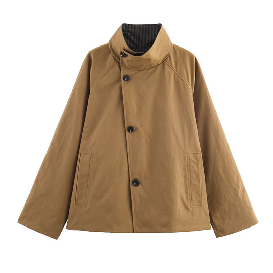 Damen Oversize-Kurzmantel mit hohem Stehkragen, Raglanärmeln und verdeckter Knopfleiste Shop Nory