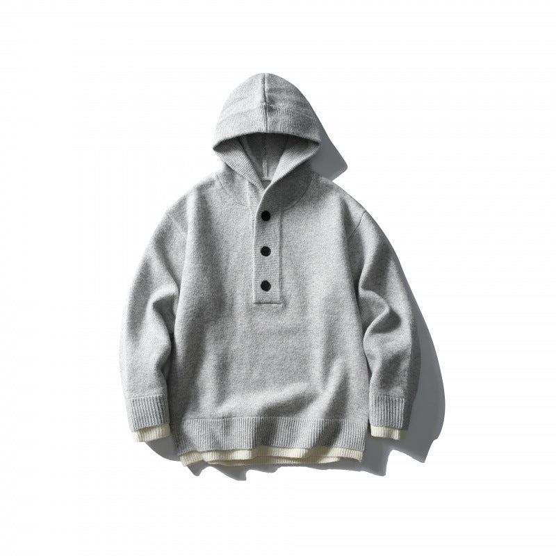 Unisex Strick‑Kapuzenpullover mit halber Knopfleiste, geripptem Saum und zweilagigem Abschluss Shop Nory