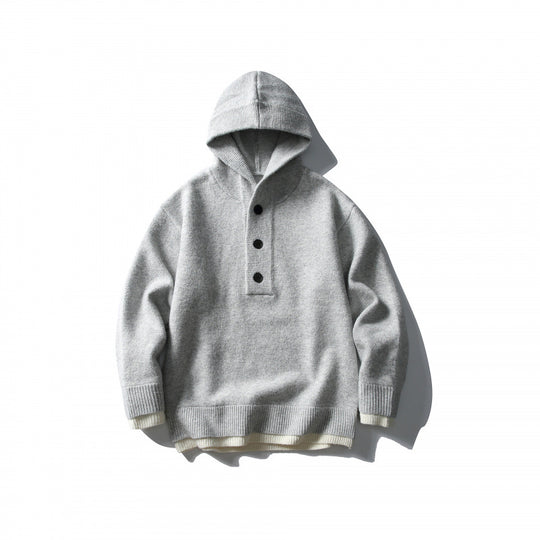 Unisex Strick‑Kapuzenpullover mit halber Knopfleiste, geripptem Saum und zweilagigem Abschluss Shop Nory
