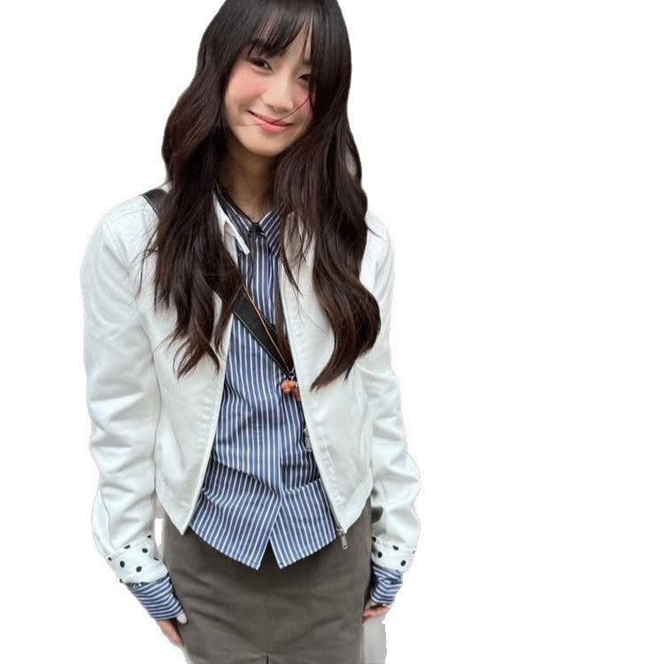 Damen Kurz geschnittene Blousonjacke mit Stehkragen, verdecktem Reißverschluss und kontrastiertem Punktemuster-Futter Shop Nory