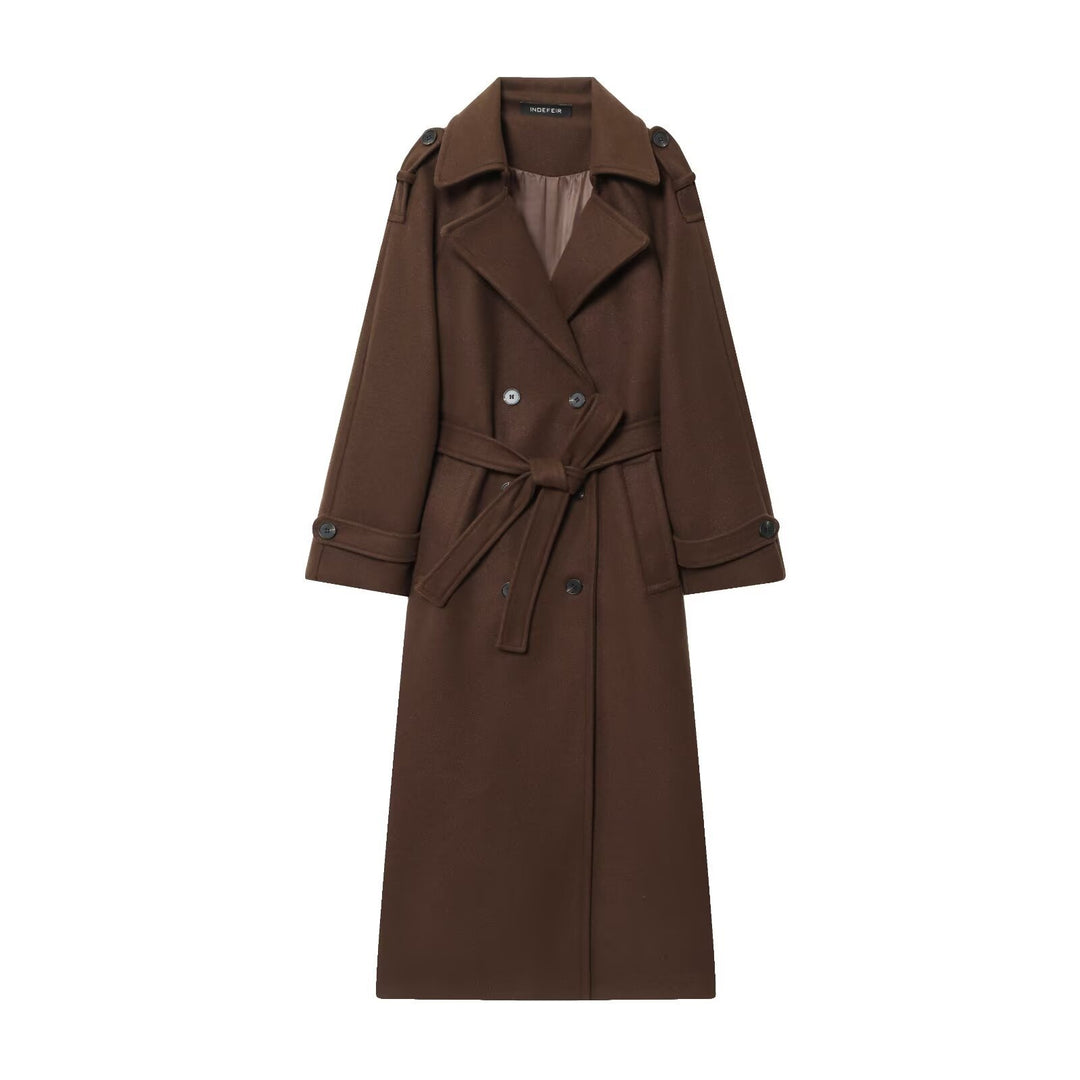 Damen Langer zweireihiger Wollmantel mit Taillengürtel und Schulterklappen Shop Nory