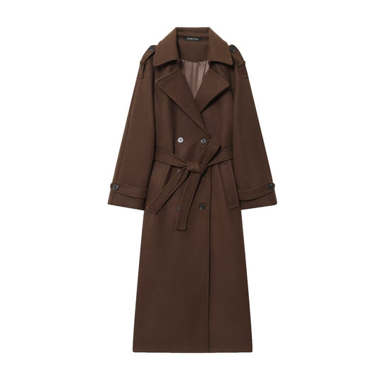 Damen Langer zweireihiger Wollmantel mit Taillengürtel und Schulterklappen Shop Nory