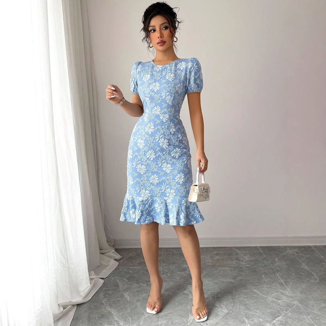 Damen Blumenspitze Midi-Kleid mit Rüschensaum