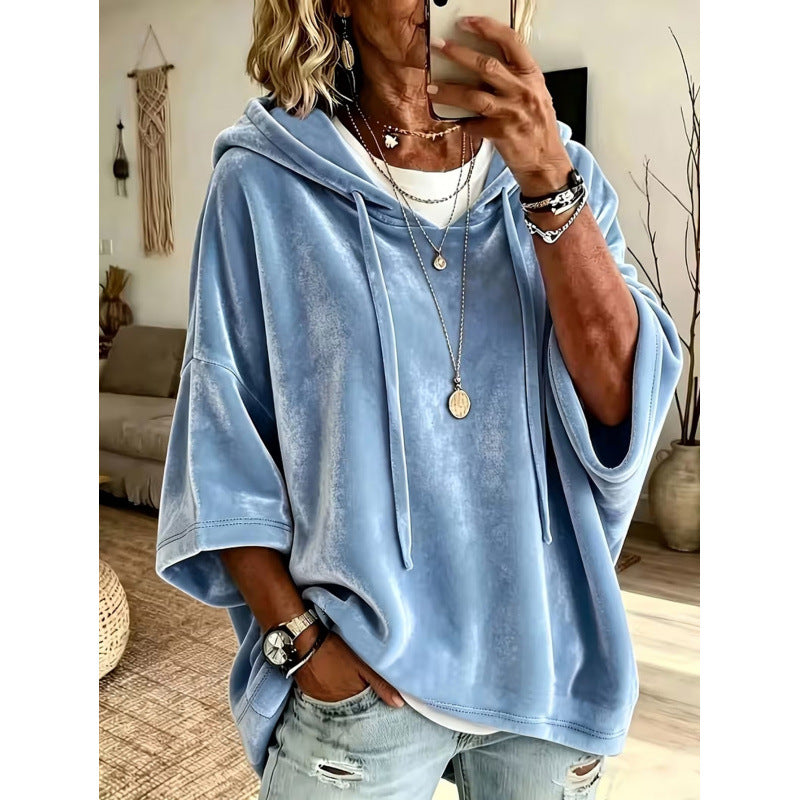 Damen Luxuriöser Samt-Hoodie mit Kimono-Kurzärmeln und Tunnelzug Shop Nory