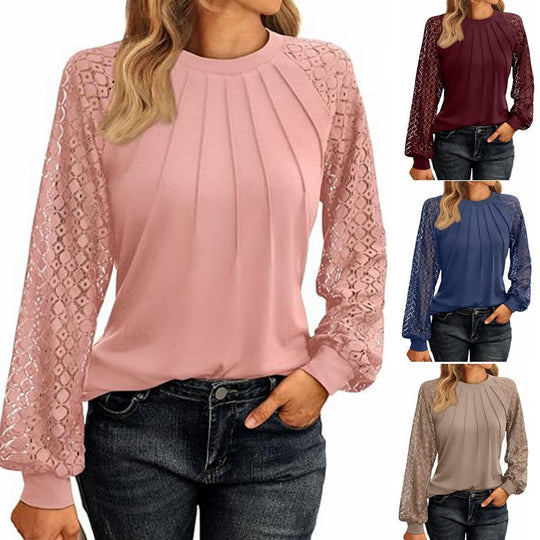 Damen Elegantes Oberteil mit dekorativen Spitzenärmeln und gerafftem Detail