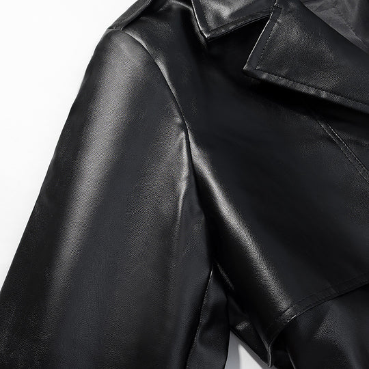 Damen Langer Trenchcoat aus Lederoptik mit Bindegürtel und Epauletten Shop Nory