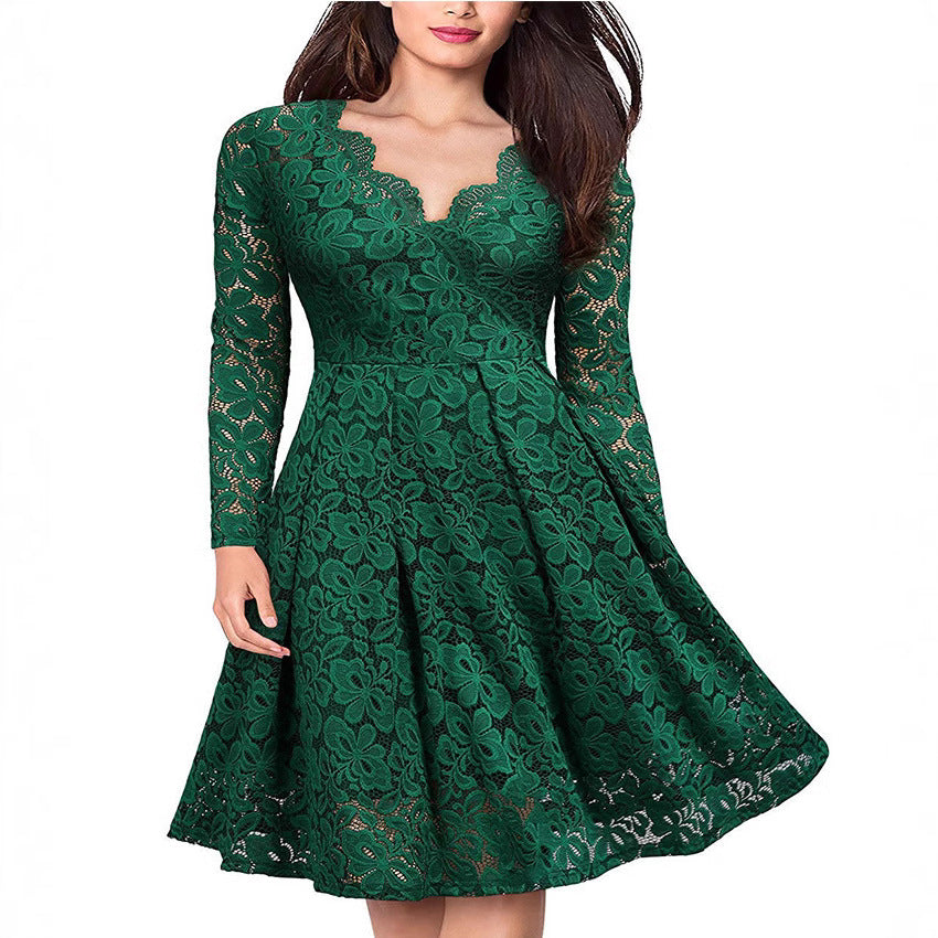Damen tailliertes A-Linien-Spitzenkleid mit Tellerrock