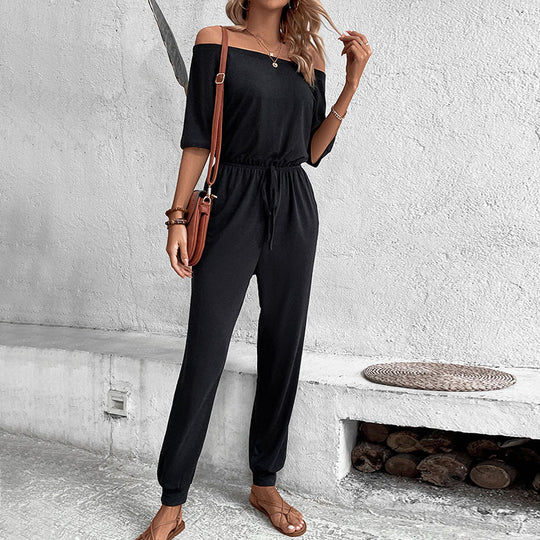 Damen Schulterfreier Lässiger Overall mit Tunnelzugbund und langen Hosenbeinen Shop Nory