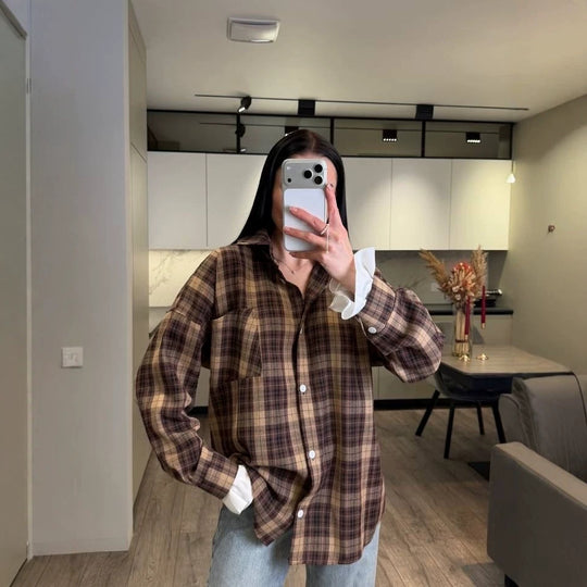 Damen Kariertes Flanell-Overshirt mit Hemdblusenkragen, Relaxed-Fit und aufgesetzter Brusttasche Shop Nory